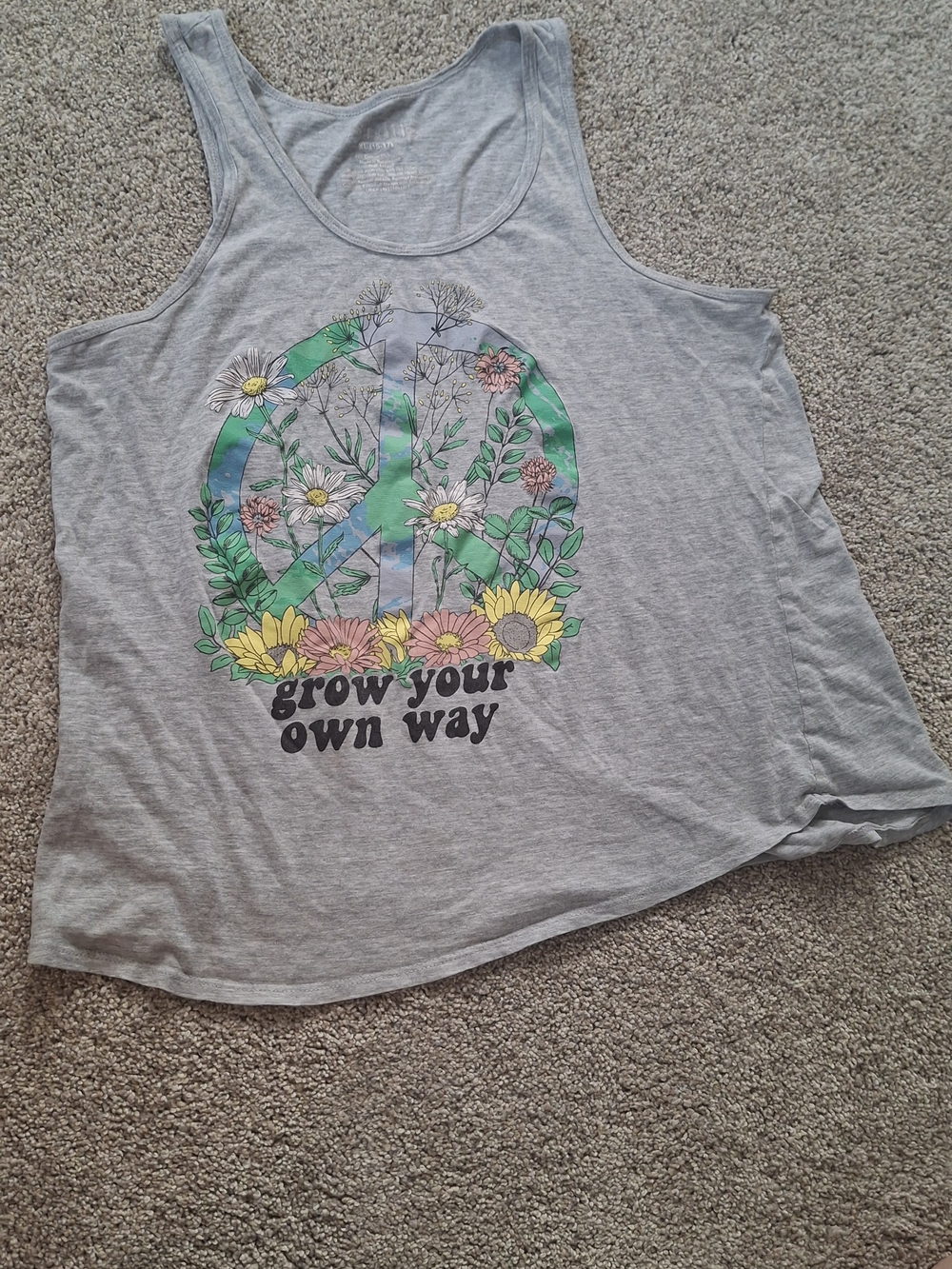 Wound Up Gray Tank Top with Floral Peace Graphic